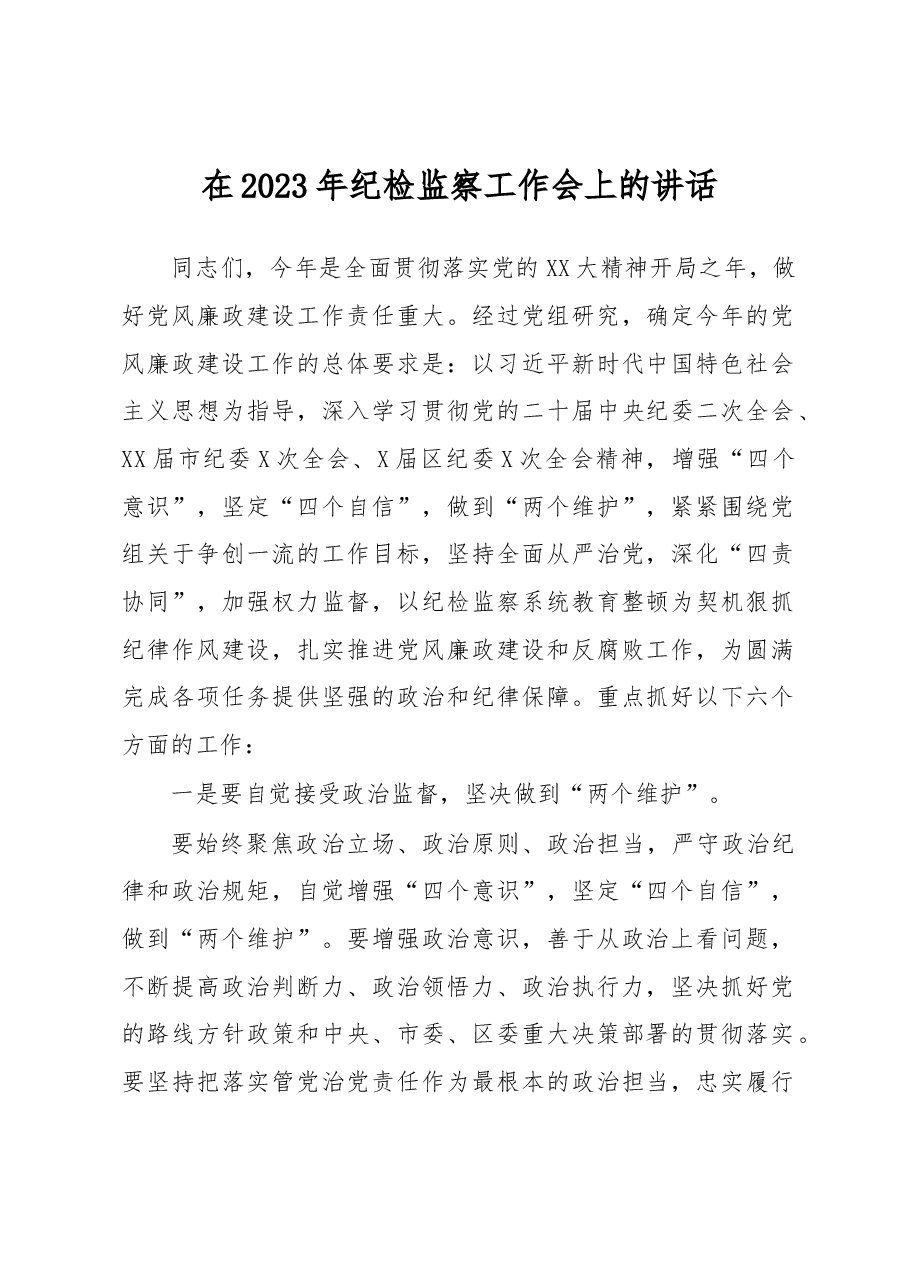 在2023年纪检监察工作会上的讲话.docx,第1页预览