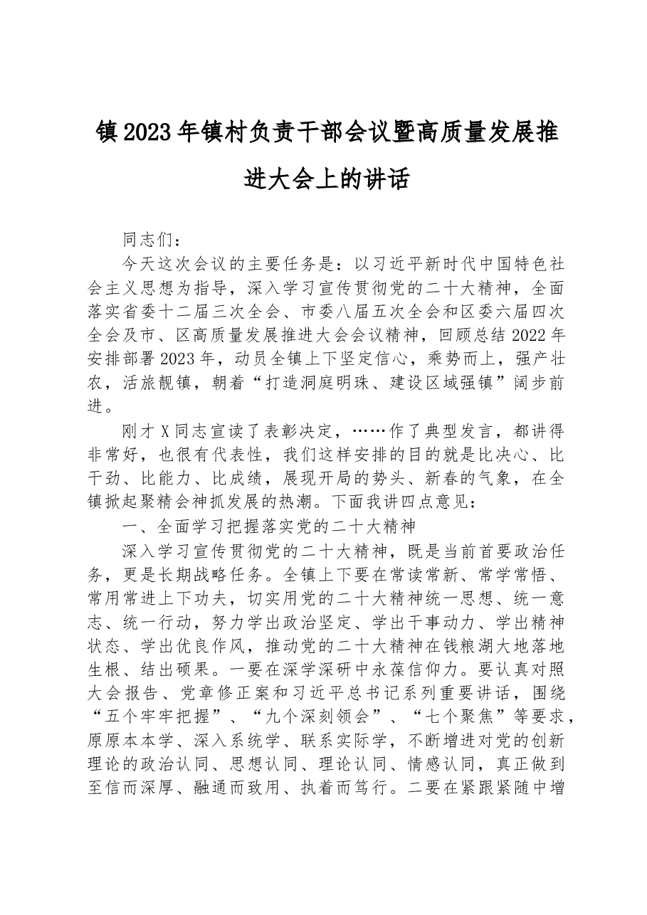 镇2023年镇村负责干部会议暨高质量发展推进大会上的讲话.docx,第1页预览