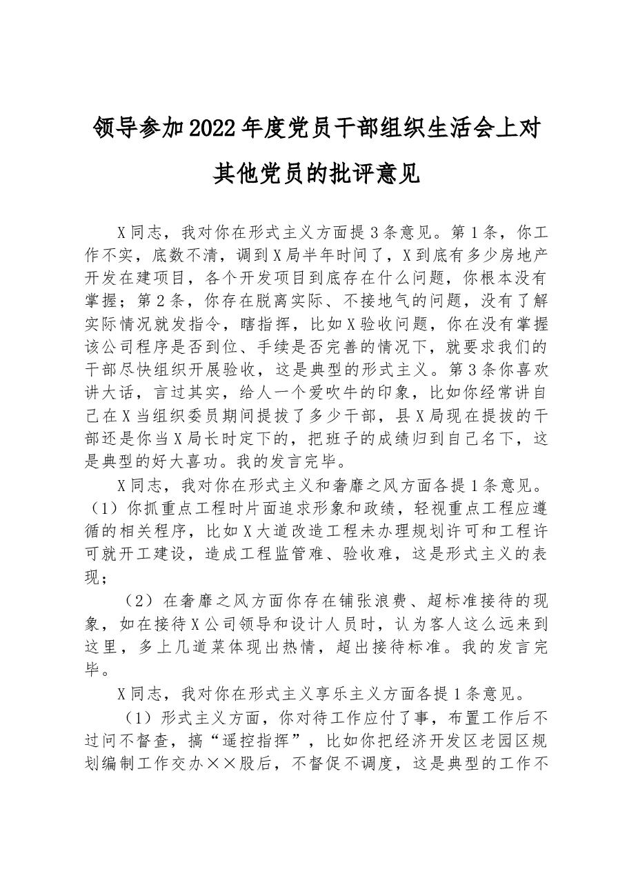 领导参加2022年度党员干部组织生活会上对其他党员的批评意见.docx，第1页预览