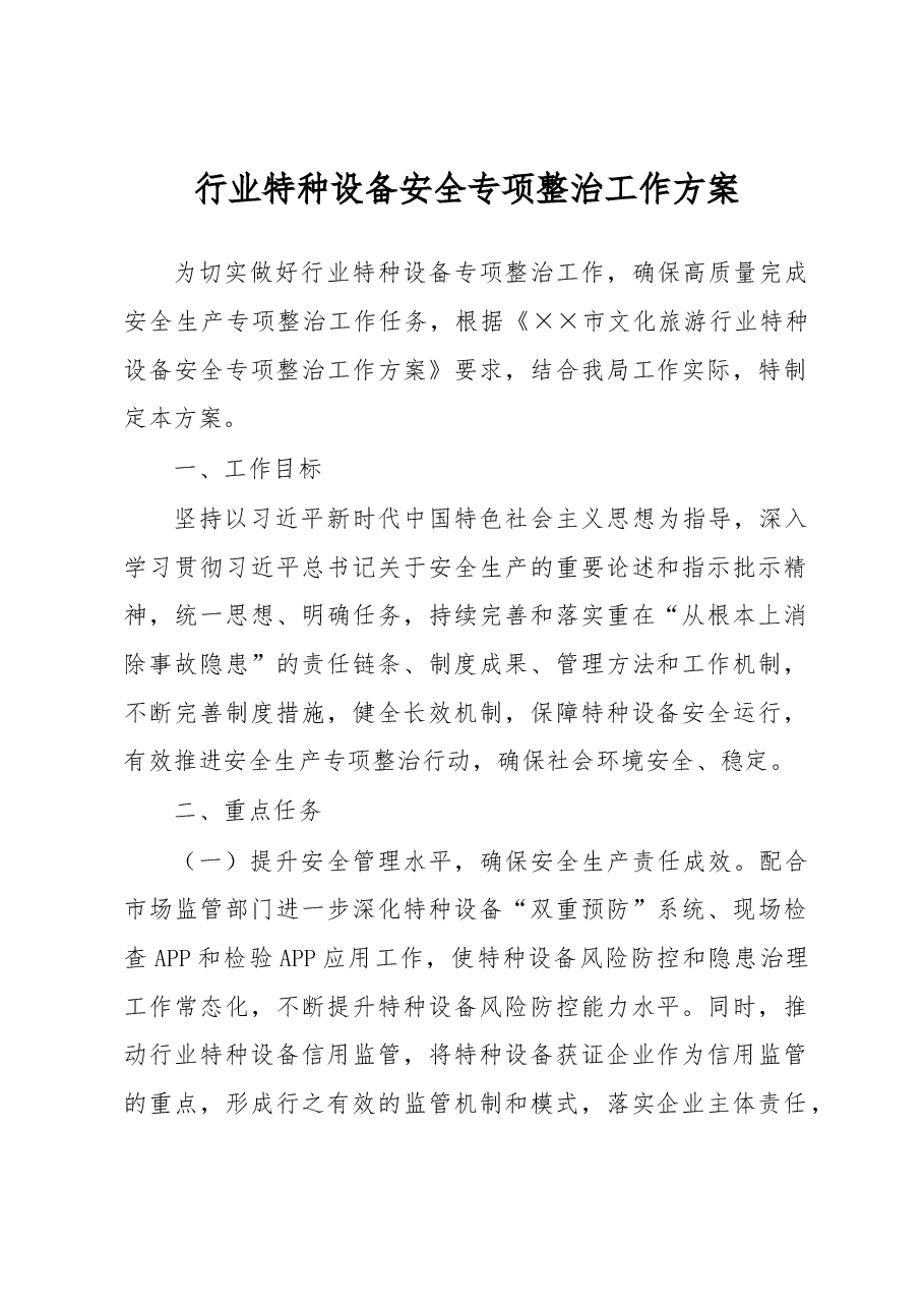 行业特种设备安全专项整治工作方案.docx,第1页预览