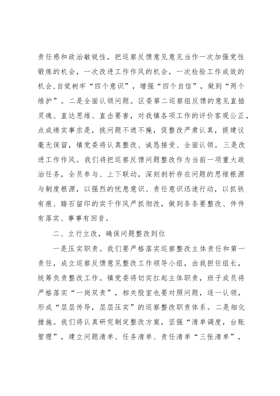 在区委第二巡察组巡察镇党委巡察反馈会上的表态发言.docx,第2页预览