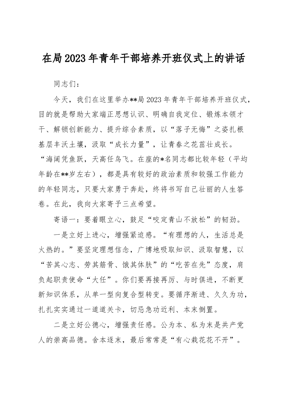 某局长在局2023年青年干部培养开班仪式上的讲话.docx,第1页预览