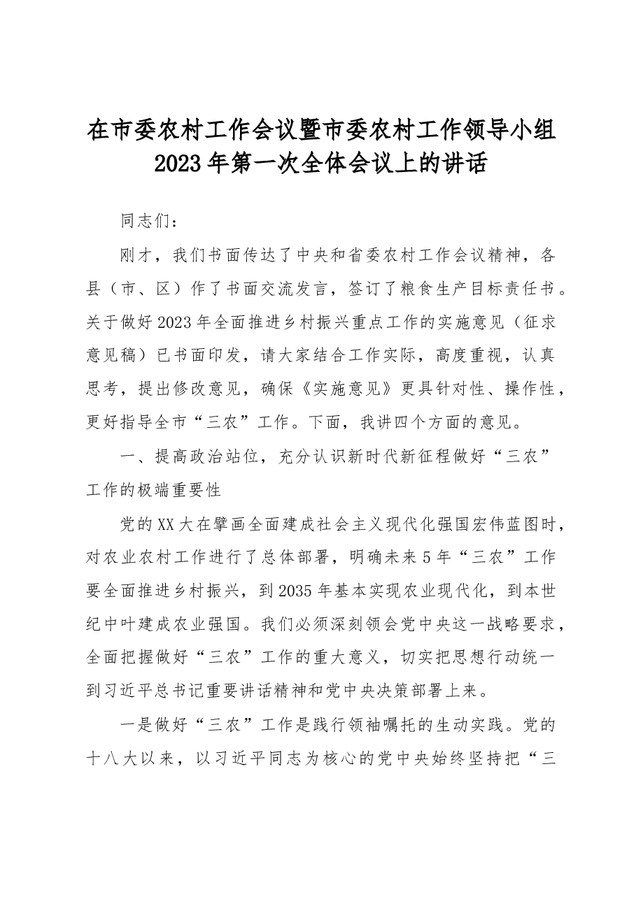 在市委农村工作会议暨市委农村工作领导小组2023年第一次全体会议上的讲话.docx,第1页预览