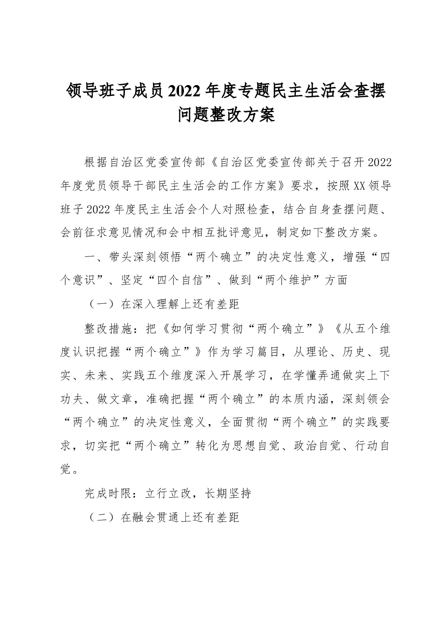 领导班子成员2022年度专题民主生活会查摆问题整改方案.docx,第1页预览