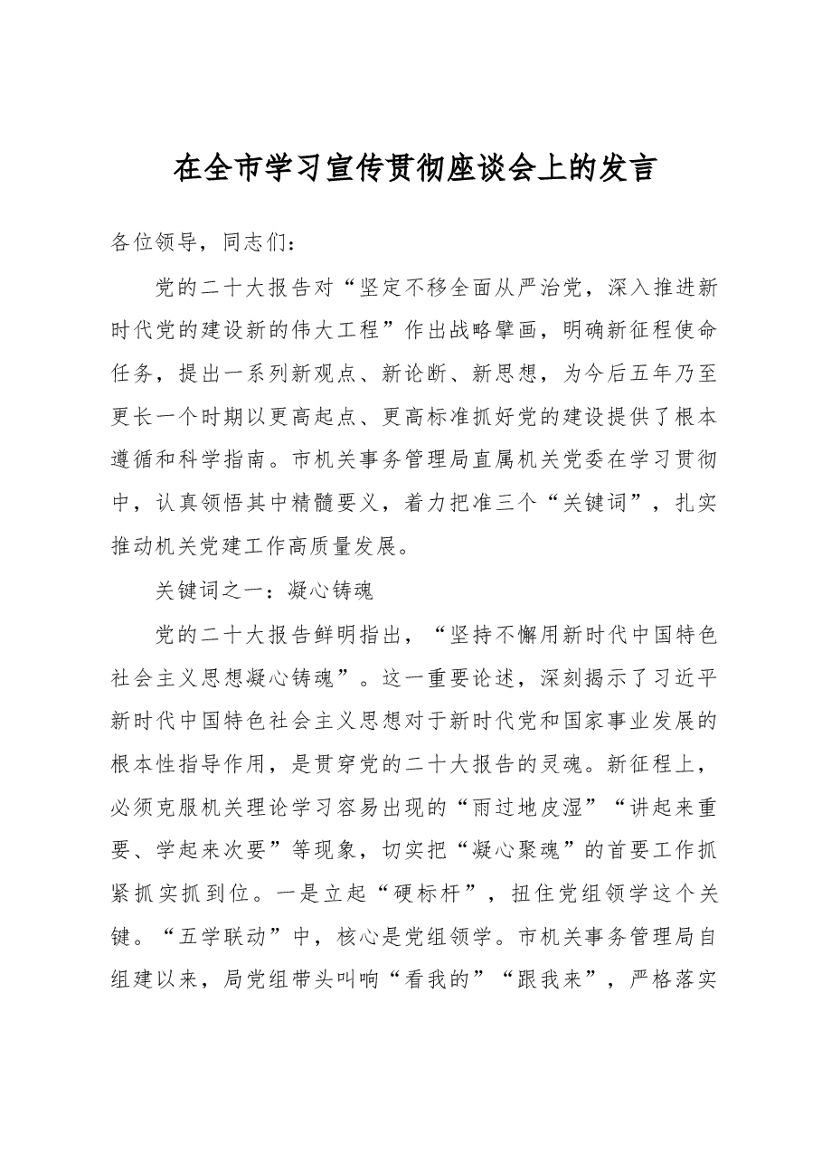 在全市学习宣传贯彻座谈会上的发言.docx,第1页预览