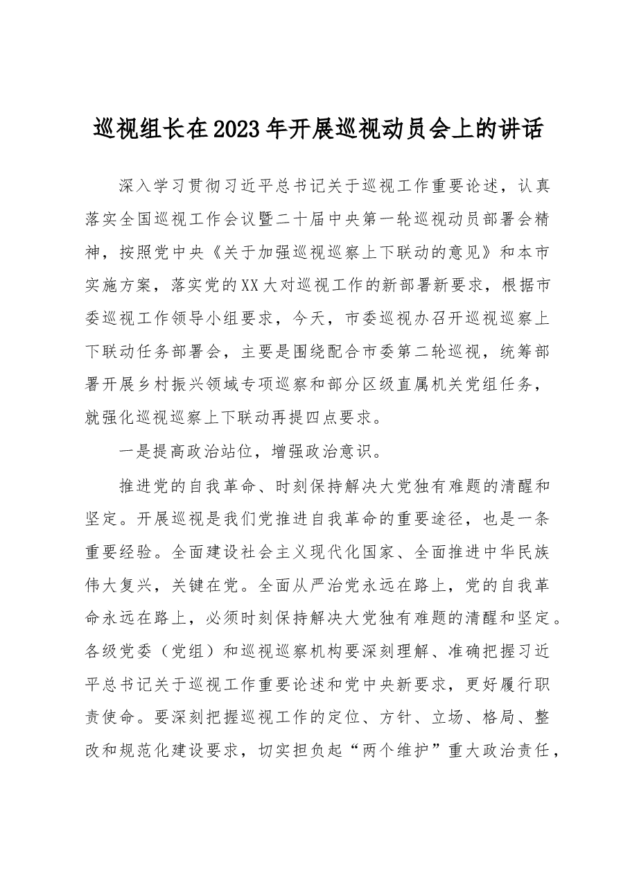巡视组长在2023年开展巡视动员会上的讲话.docx,第1页预览
