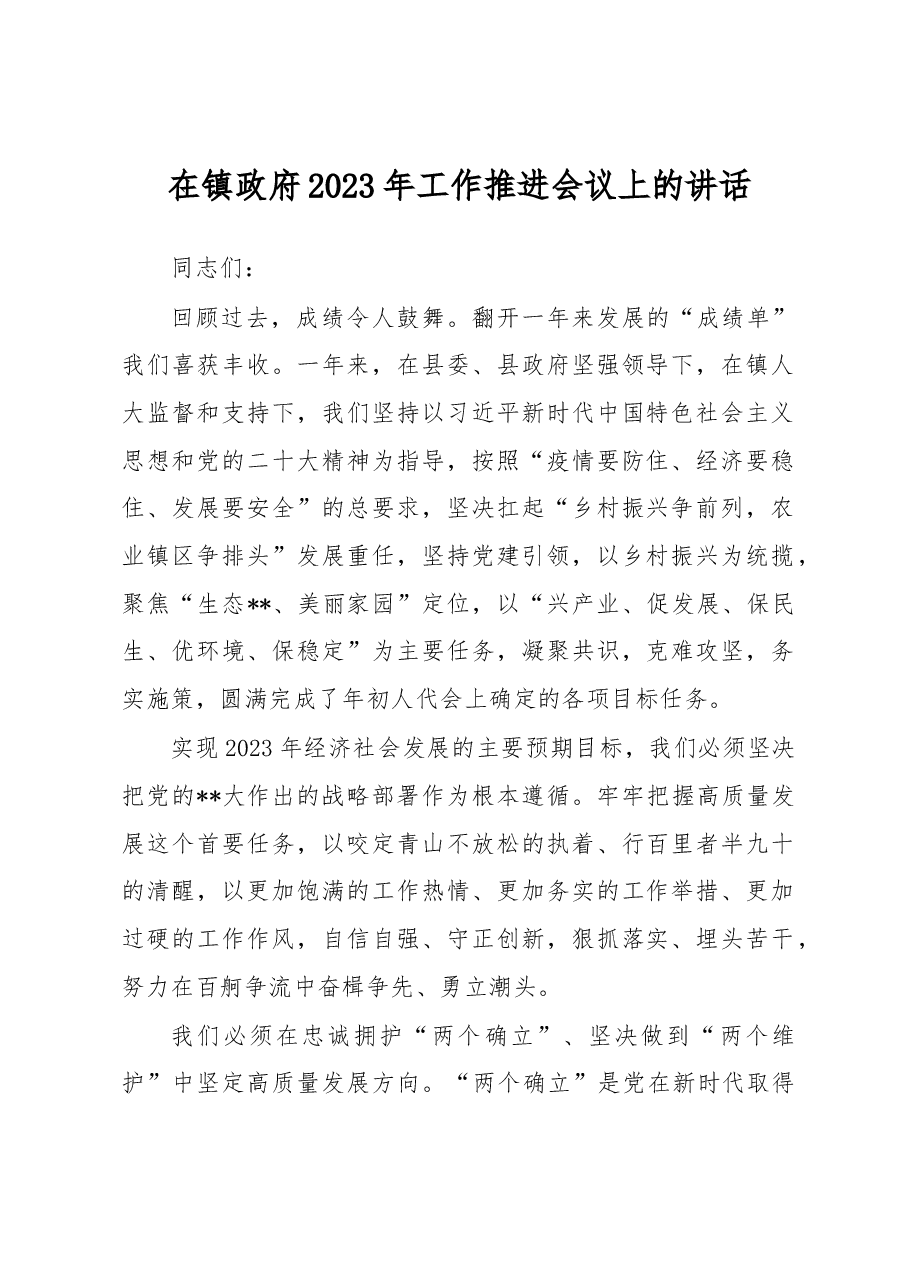 在镇政府2023年工作推进会议上的讲话.docx,第1页预览