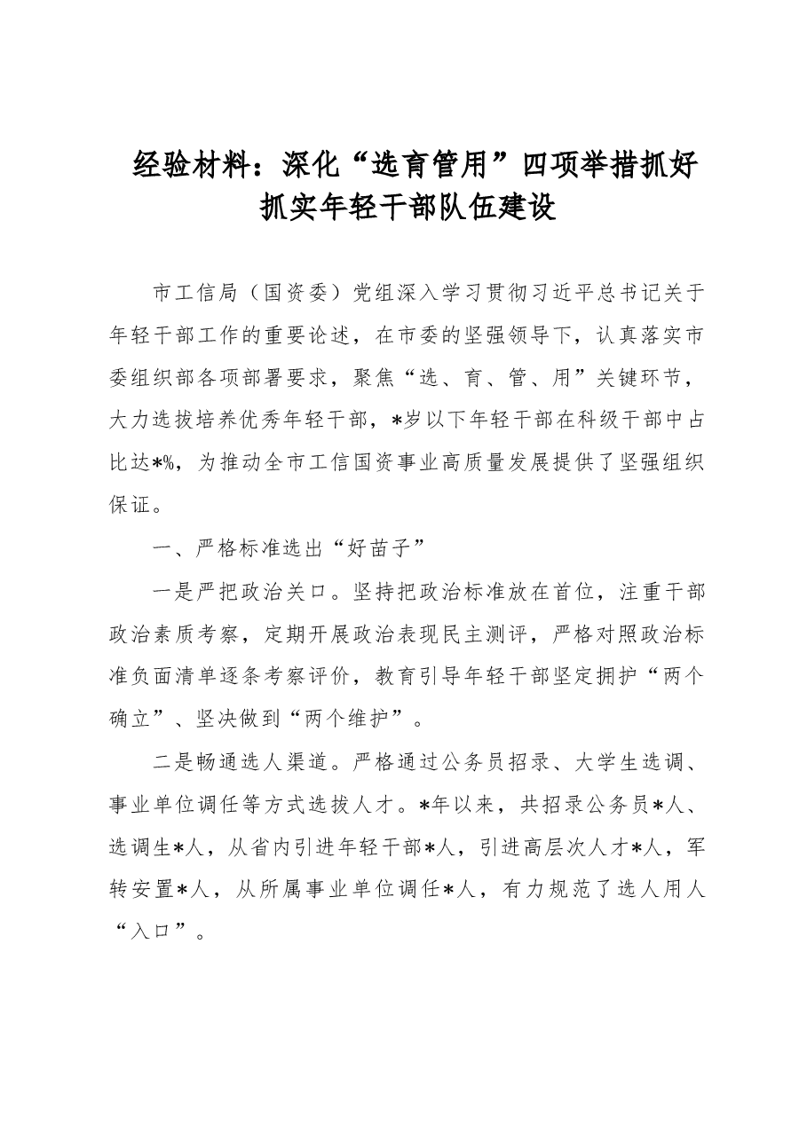 经验材料:深化“选育管用”四项举措抓好抓实年轻干部队伍建设.docx,第1页预览