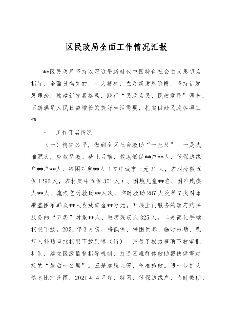 区民政局全面工作情况汇报.docx，第1页预览