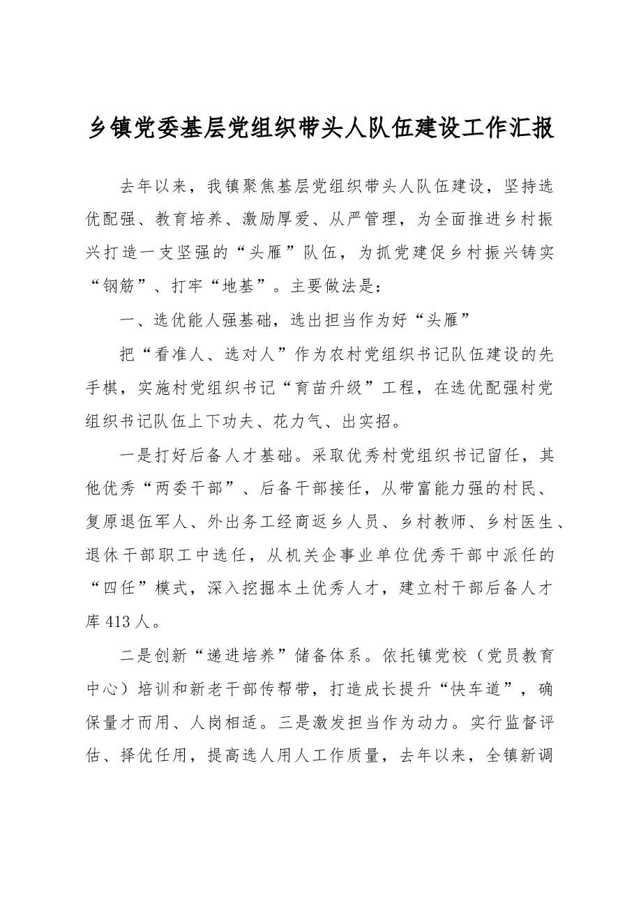 乡镇党委基层党组织带头人队伍建设工作汇报.docx,第1页预览