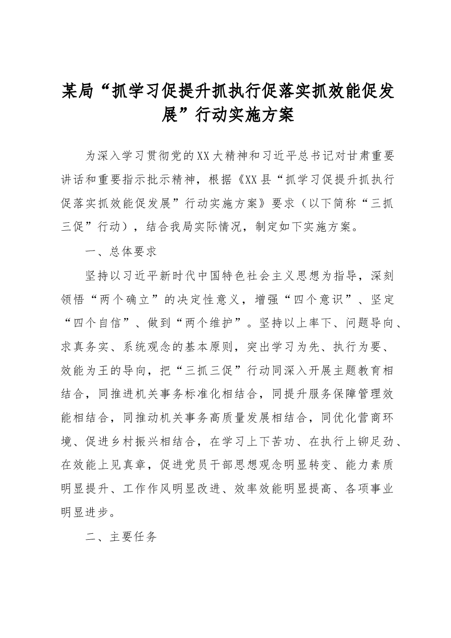 某局“抓学习促提升抓执行促落实抓效能促发展”行动实施方案.docx，第1页预览