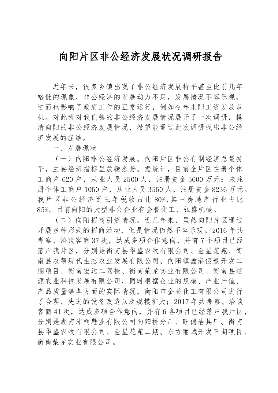 向阳片区非公经济发展状况调研报告.docx，第1页预览