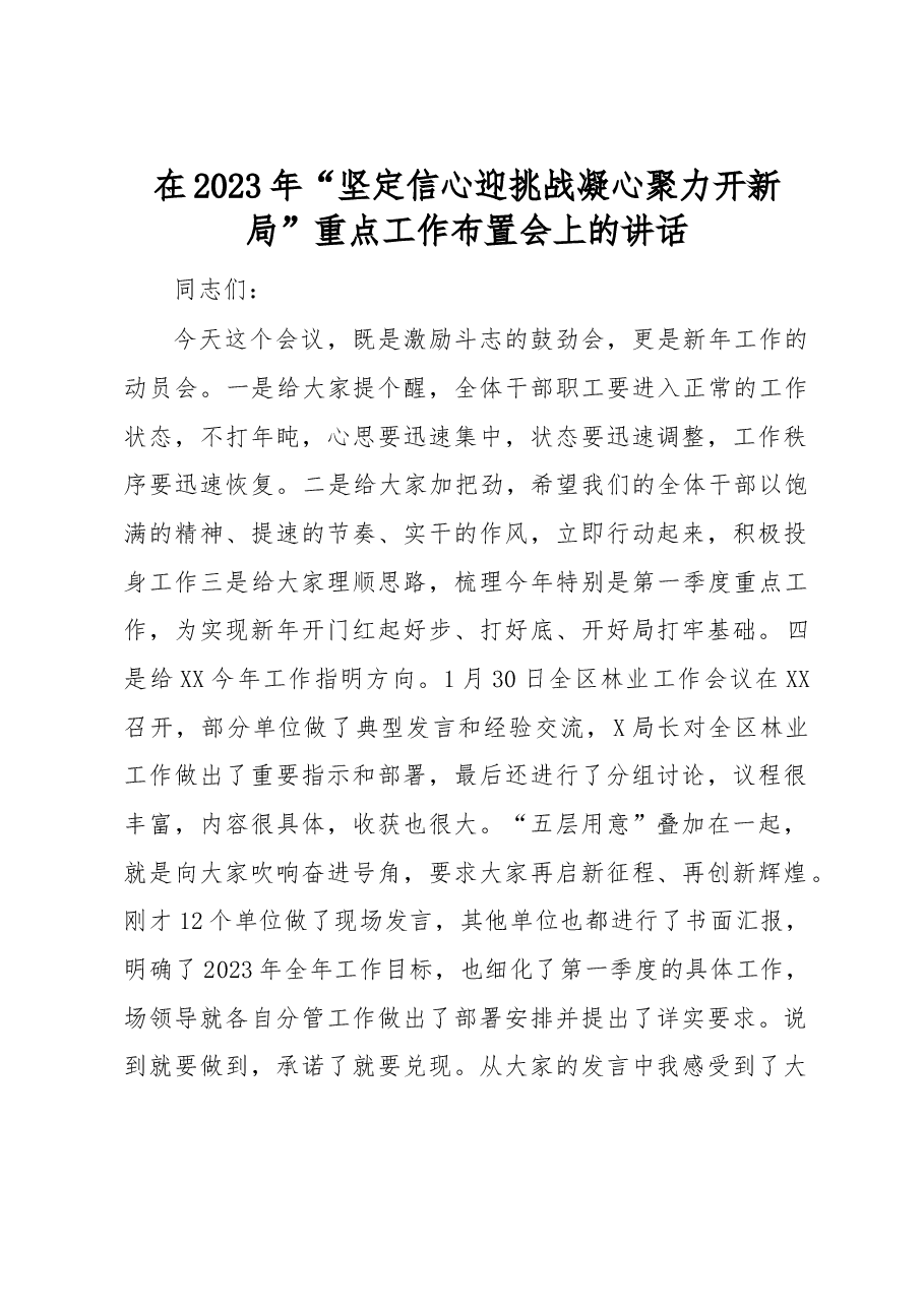 在2023年“坚定信心迎挑战凝心聚力开新局”重点工作布置会上的讲话.docx,第1页预览