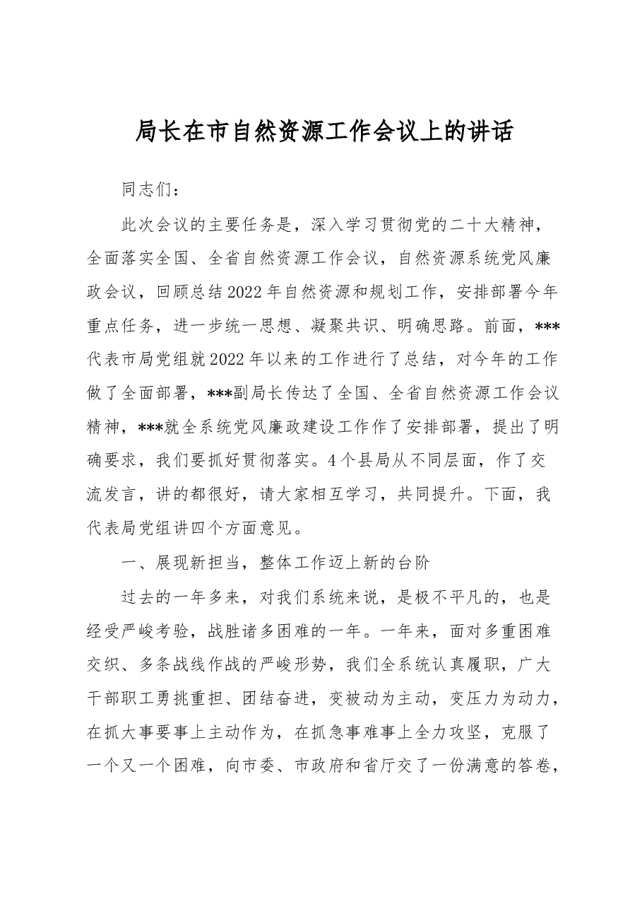 局长在市自然资源工作会议上的讲话.docx,第1页预览