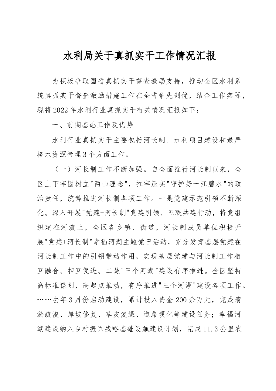 水利局关于真抓实干工作情况汇报.docx,第1页预览