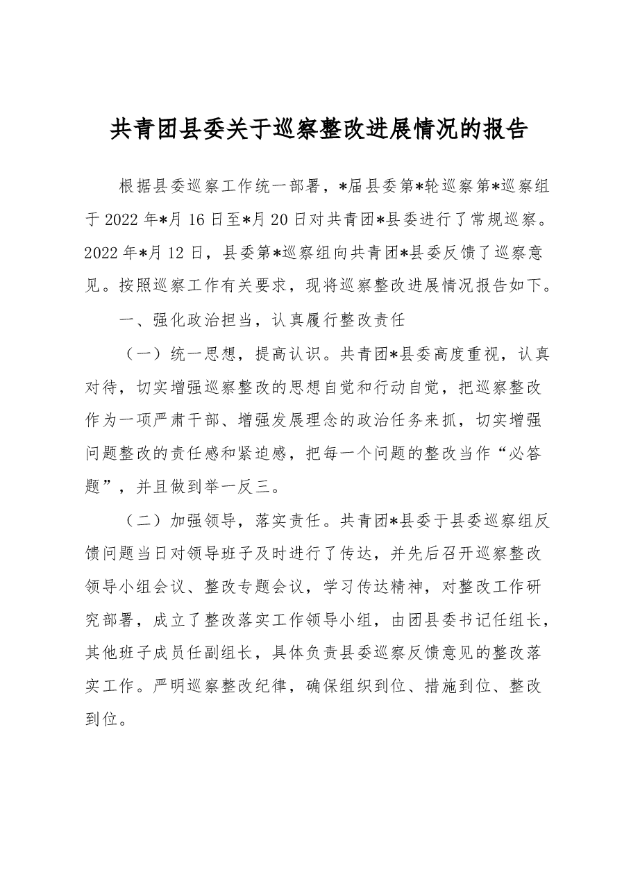 共青团县委关于巡察整改进展情况的报告.docx,第1页预览