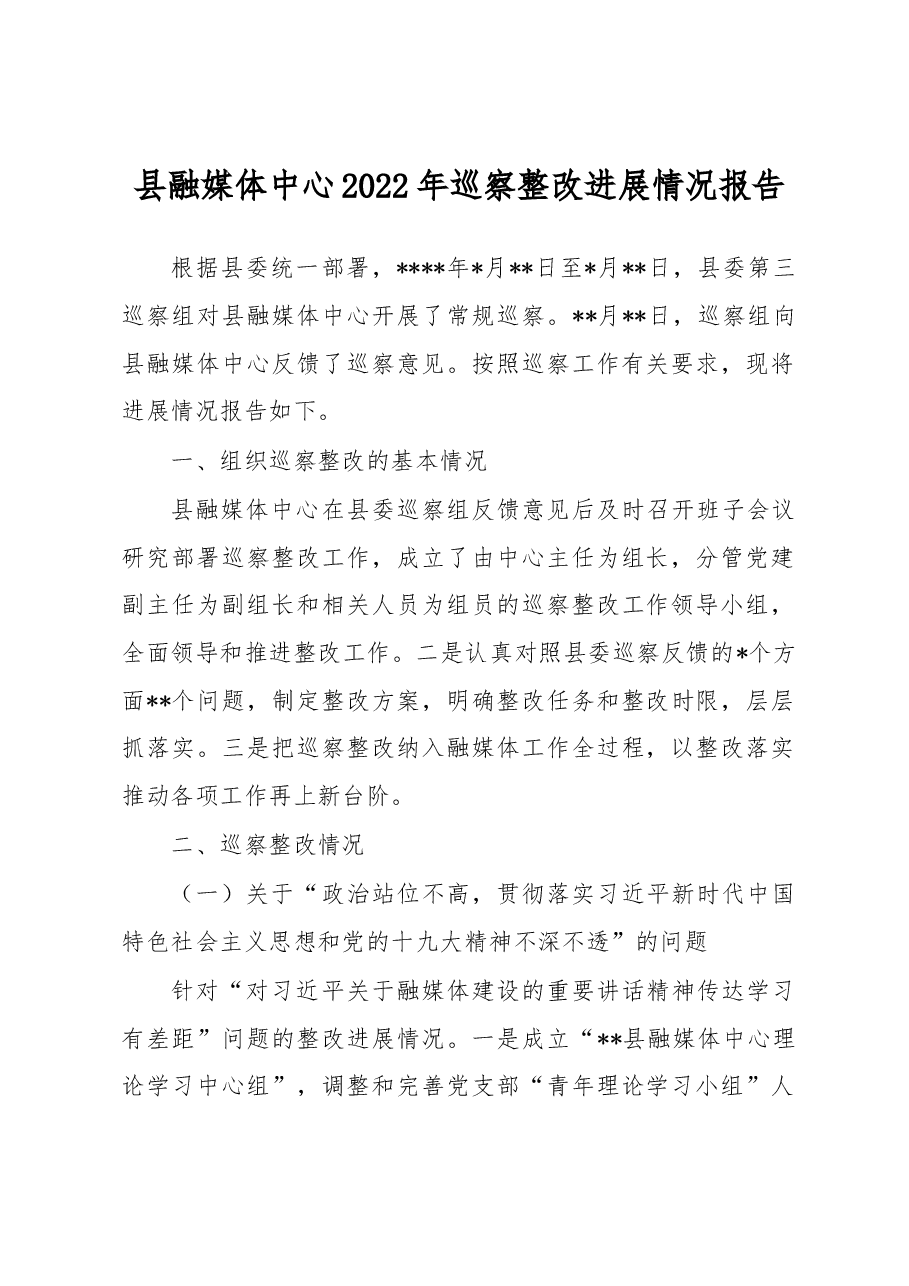 县融媒体中心2022年巡察整改进展情况报告.docx,第1页预览