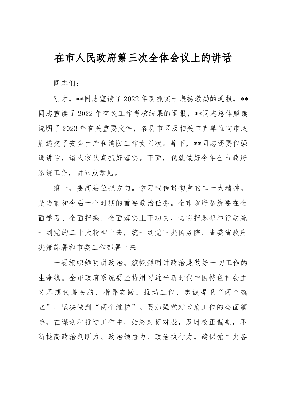 在市人民政府第三次全体会议上的讲话.docx,第1页预览