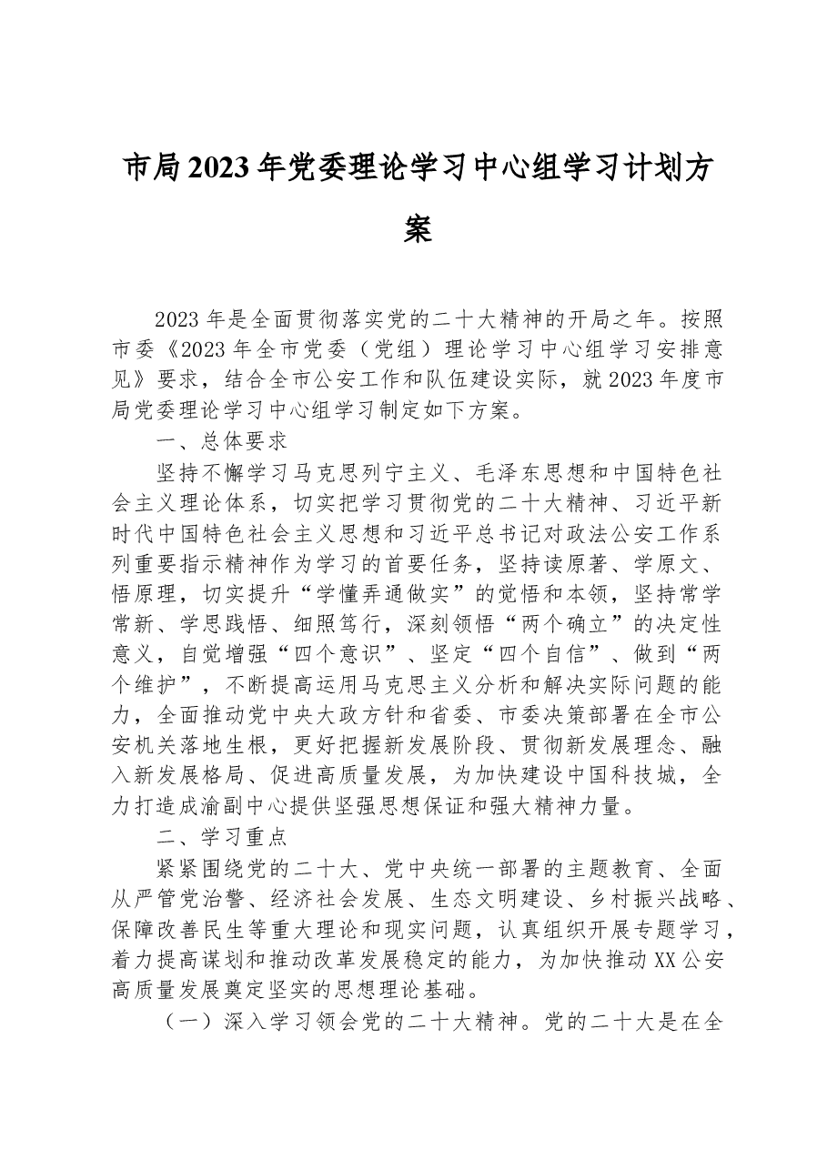 市局2023年党委理论学习中心组学习计划方案.docx，第1页预览