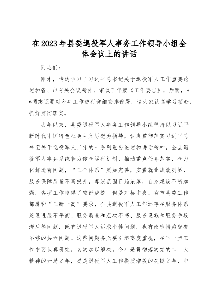 在2023年县委退役军人事务工作领导小组全体会议上的讲话.docx,第1页预览