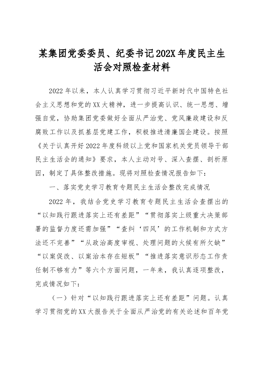 某集团党委委员、纪委书记202X年度民主生活会对照检查材料.docx，第1页预览