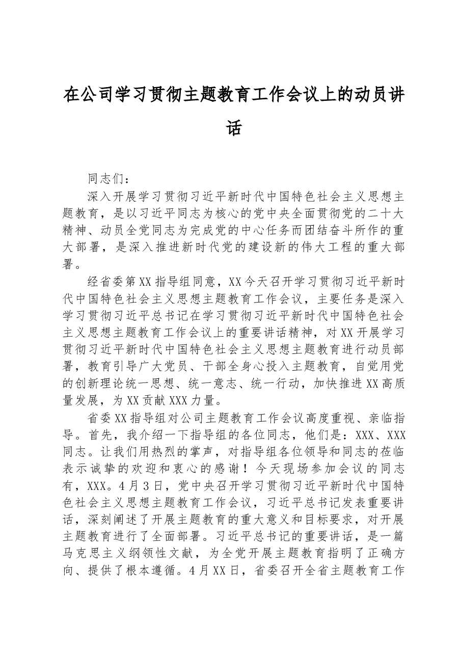 在公司学习贯彻主题教育工作会议上的动员讲话.docx,第1页预览