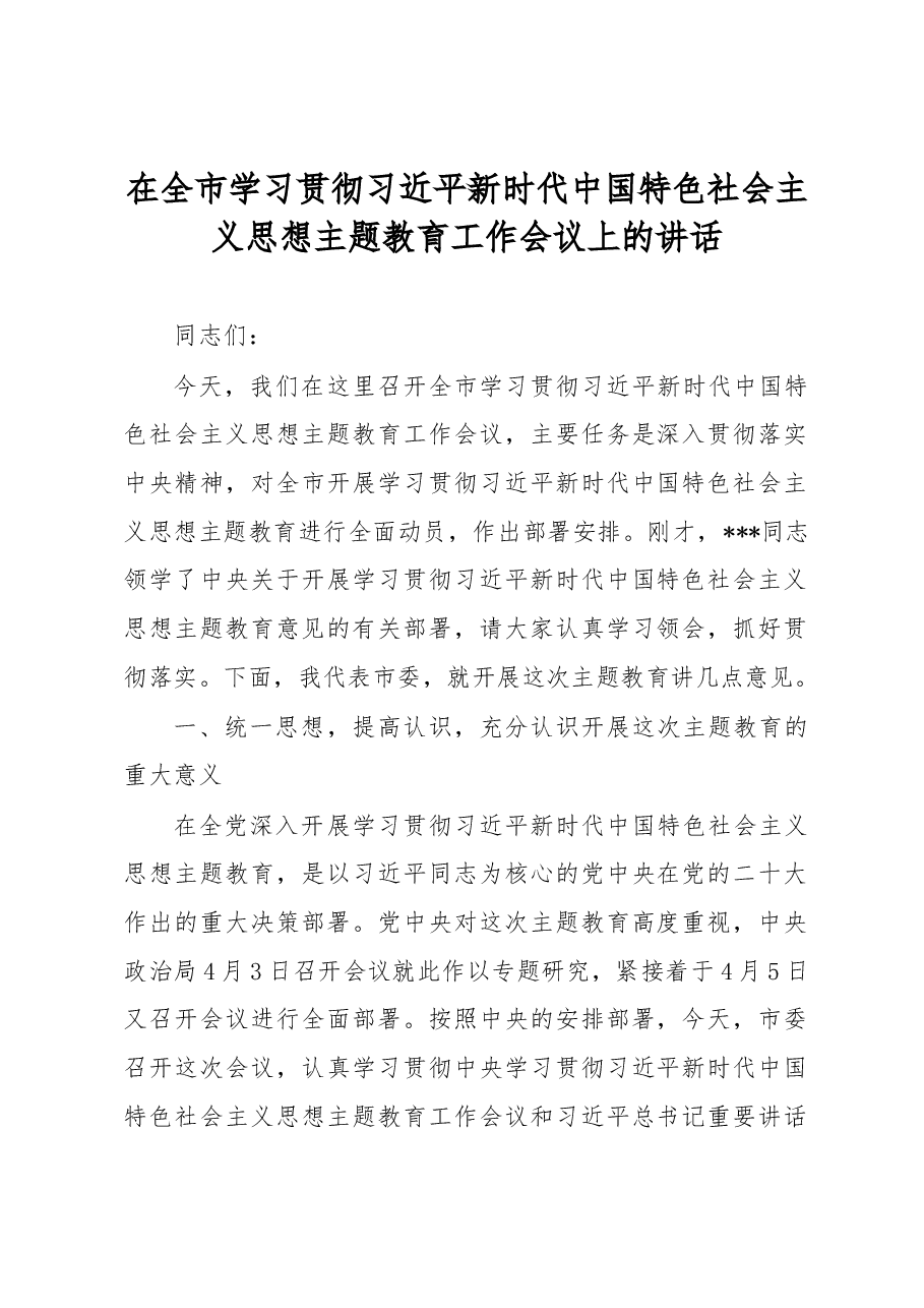 在全市学习贯彻习近平新时代中国特色社会主义思想主题教育工作会议上的讲话.docx，第1页预览