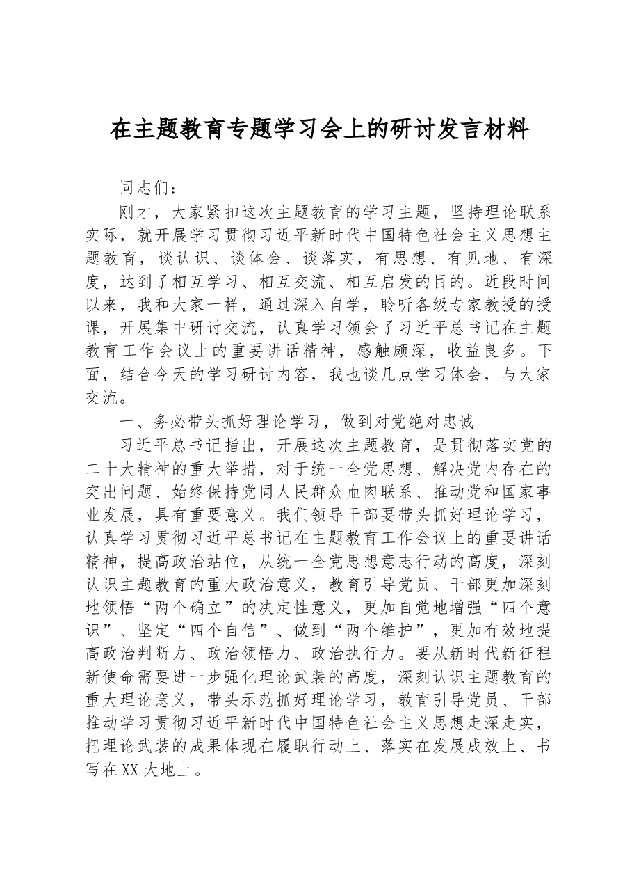 在主题教育专题学习会上的研讨发言材料.docx,第1页预览