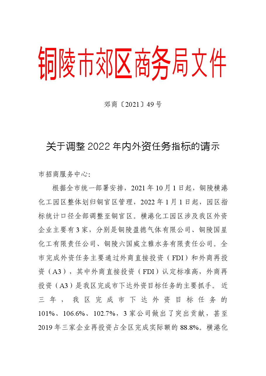 关于调整2022年内外资任务指标的请示.doc,第1页预览