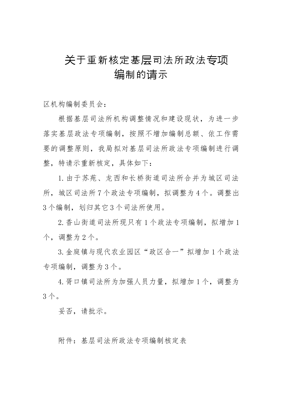 关于重新核定基层司法所政法专项编制的请示.docx,第1页预览