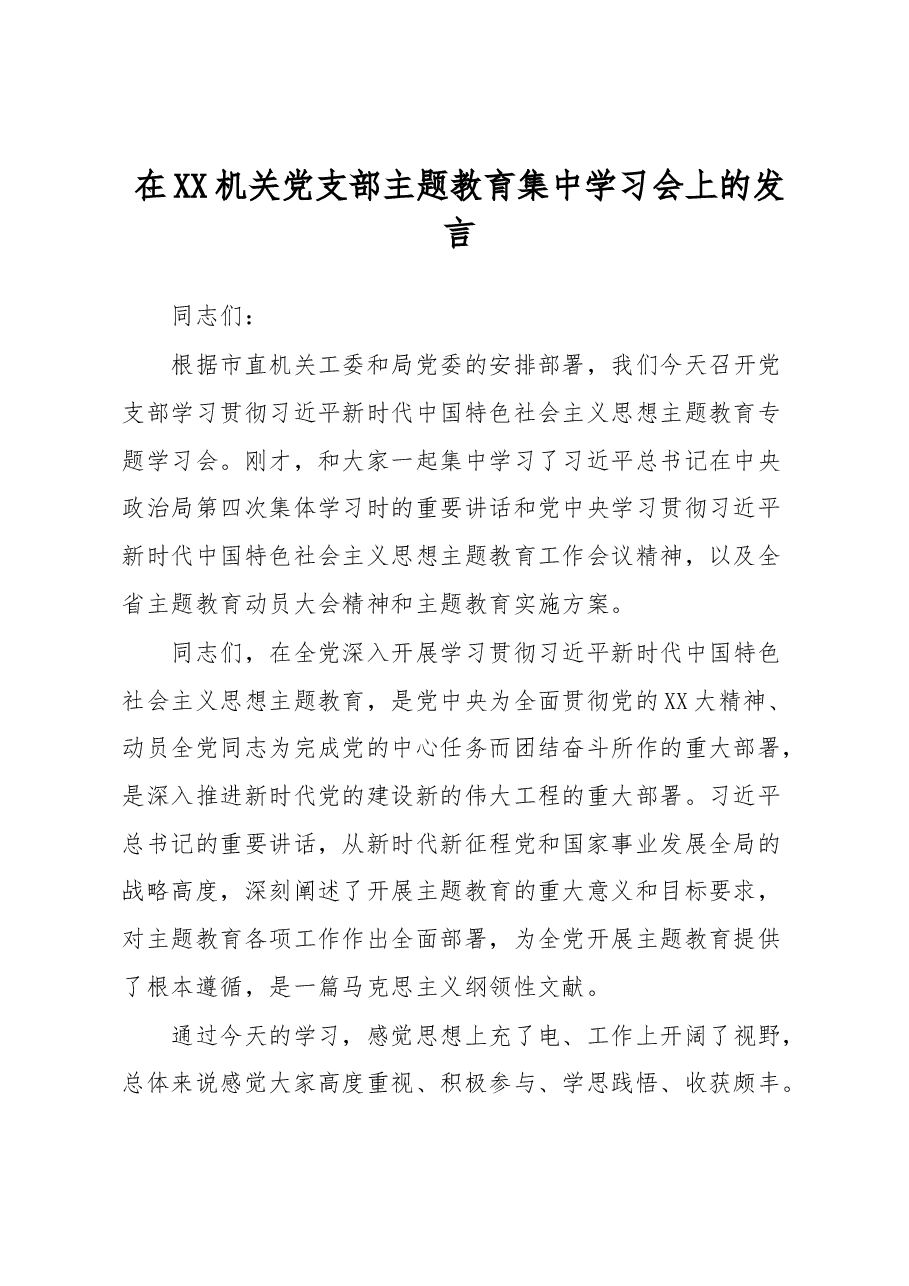 在XX机关党支部主题教育集中学习会上的发言.docx，第1页预览
