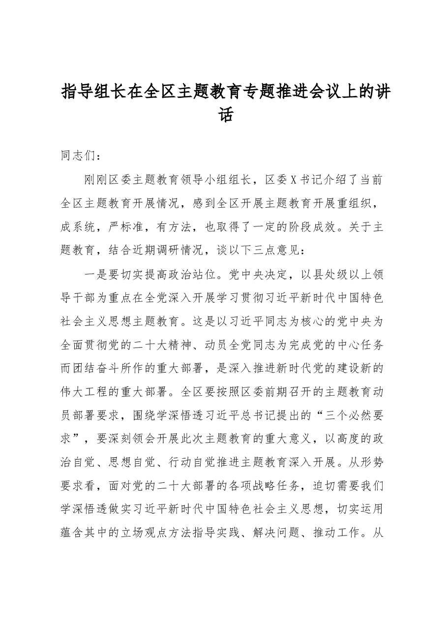 指导组长在全区主题教育专题推进会议上的讲话.docx,第1页预览