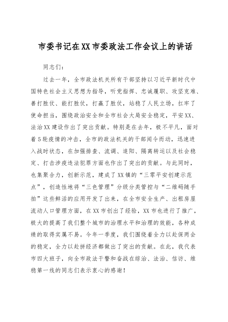 市委书记在XX市委政法工作会议上的讲话.docx,第1页预览
