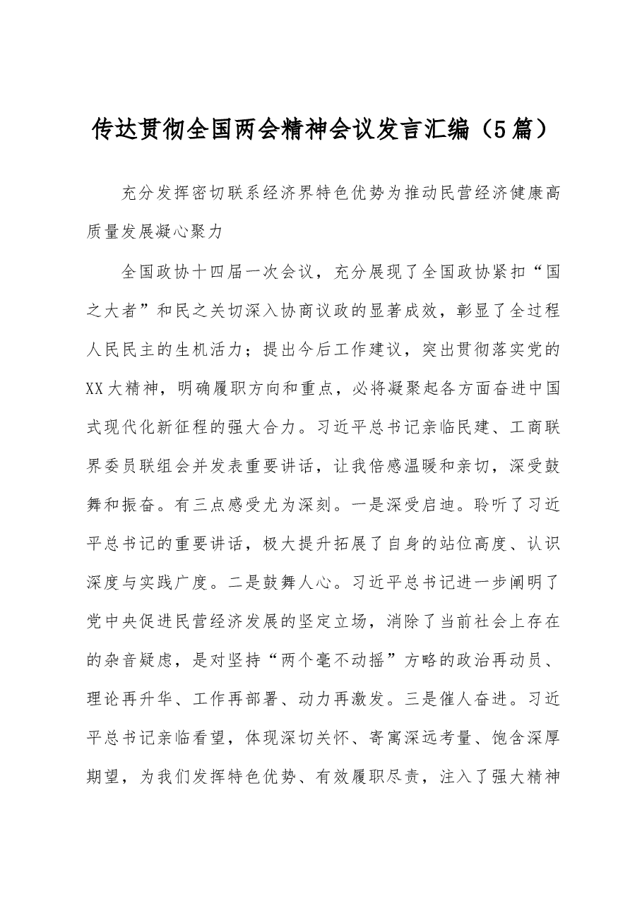 (5篇)传达贯彻全国两会精神会议发言汇编.docx,第1页预览