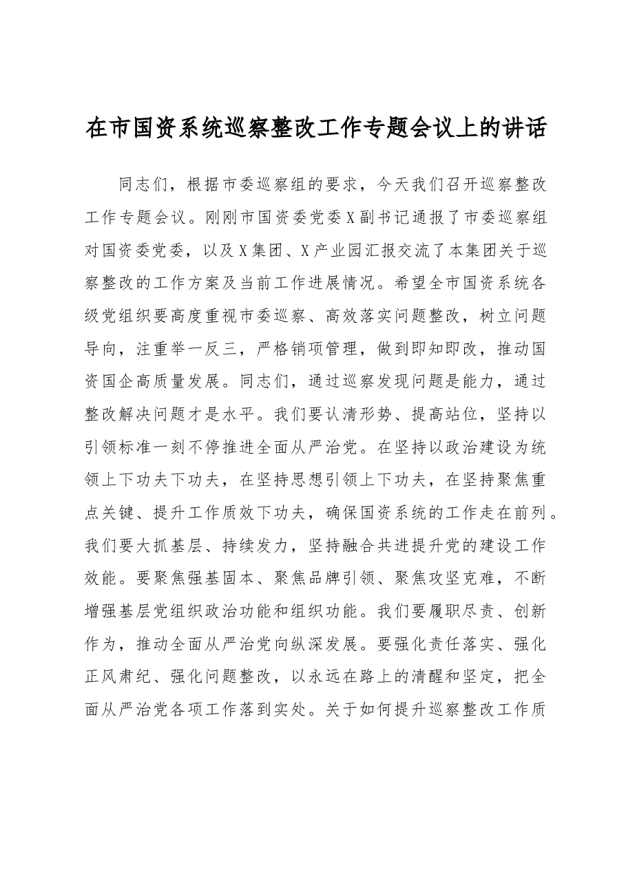 在市国资系统巡察整改工作专题会议上的讲话.docx,第1页预览
