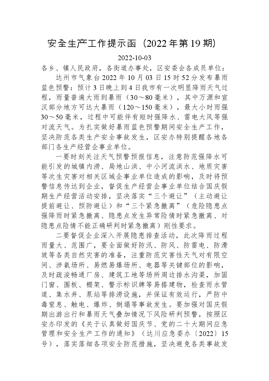 安全生产工作提示函(2022年第19期).docx,第1页预览