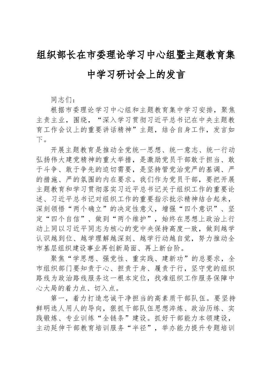 组织部长在市委理论学习中心组暨主题教育集中学习研讨会上的发言.docx，第1页预览