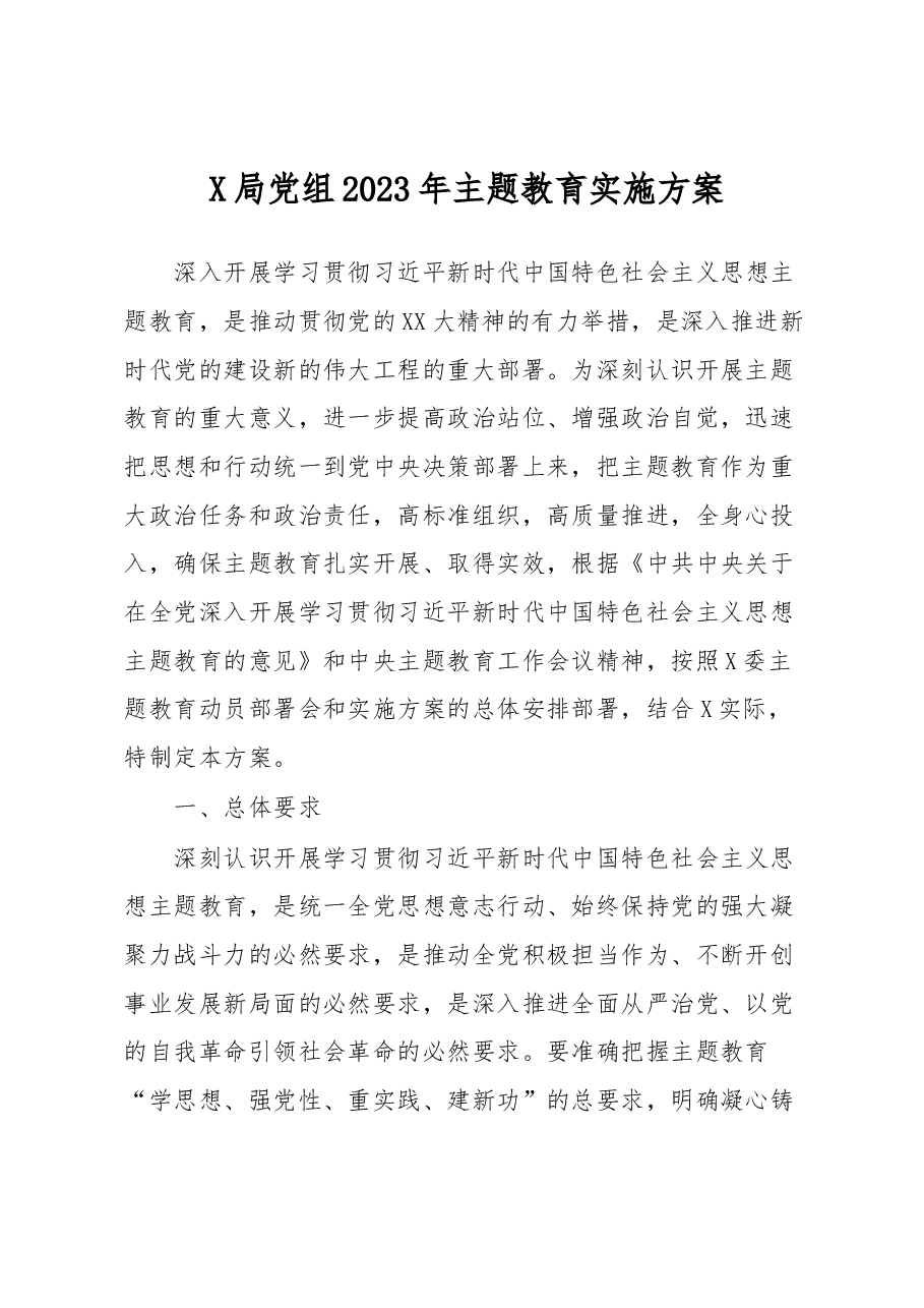 X局党组2023年主题教育实施方案.docx,第1页预览