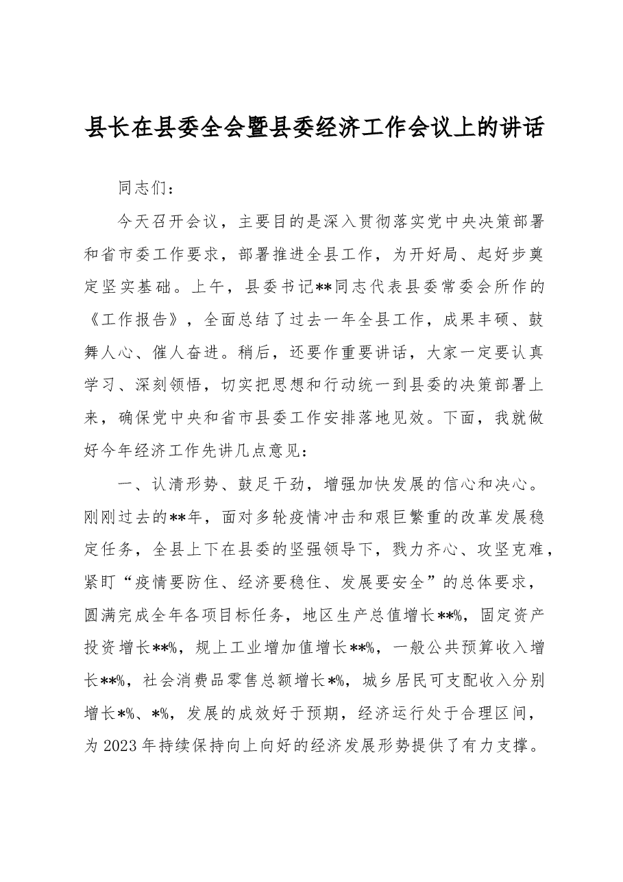 县长在县委全会暨县委经济工作会议上的讲话.docx,第1页预览