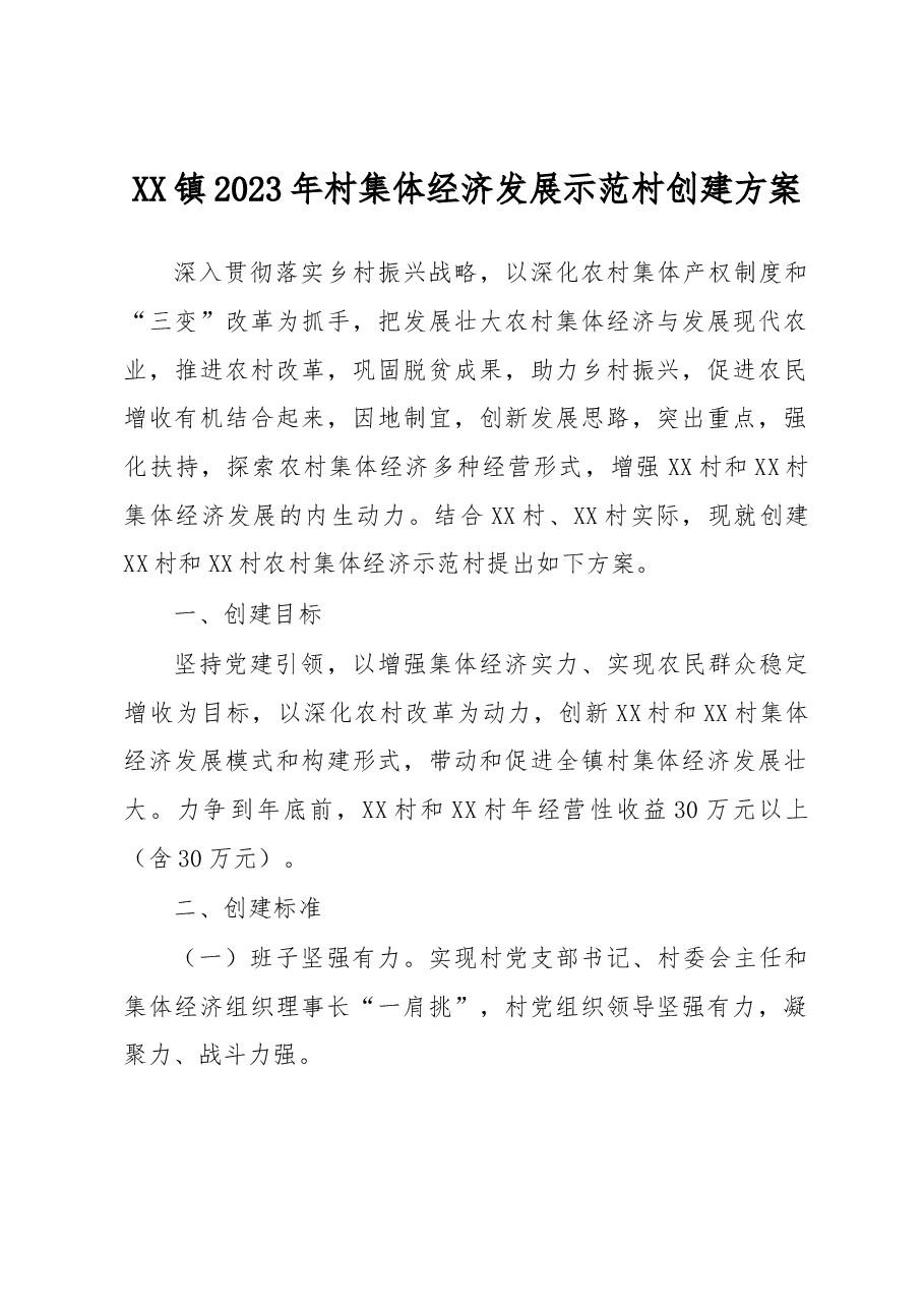 XX镇2023年村集体经济发展示范村创建方案.docx,第1页预览