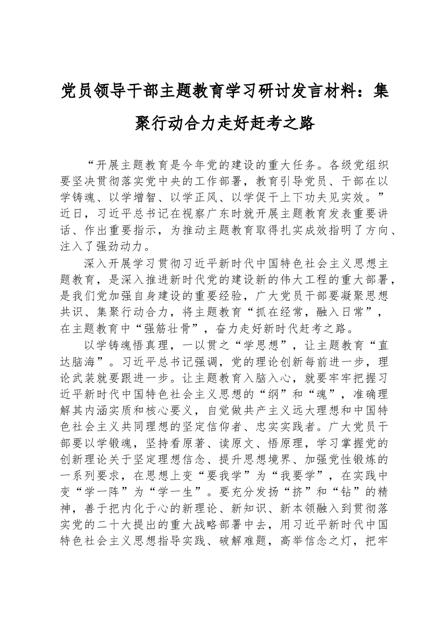党员领导干部主题教育学习研讨发言材料：集聚行动合力+走好赶考之路.docx，第1页预览