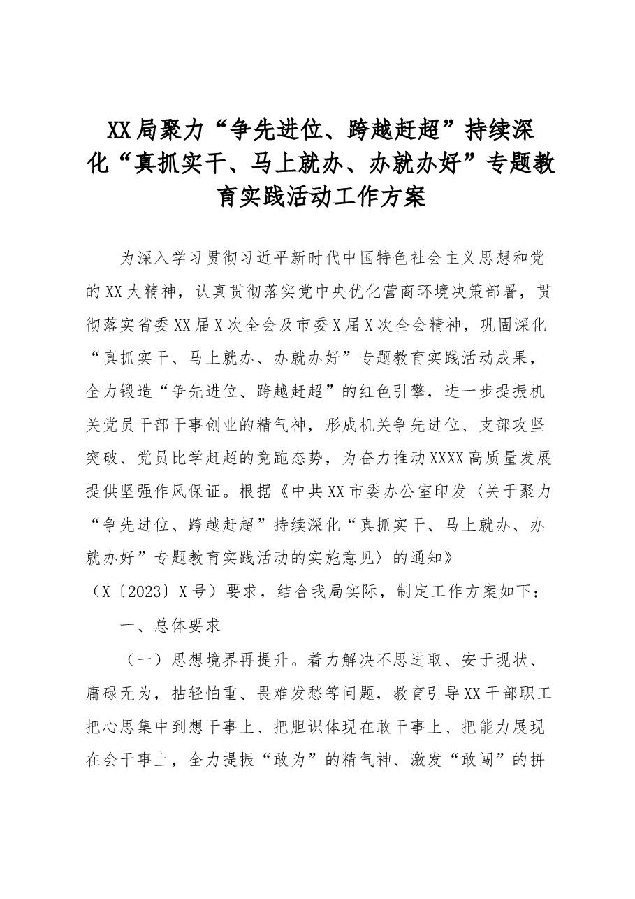 XX局聚力“争先进位、跨越赶超”持续深化“真抓实干、马上就办、办就办好”专题教育实践活动工作方案.docx,第1页预览