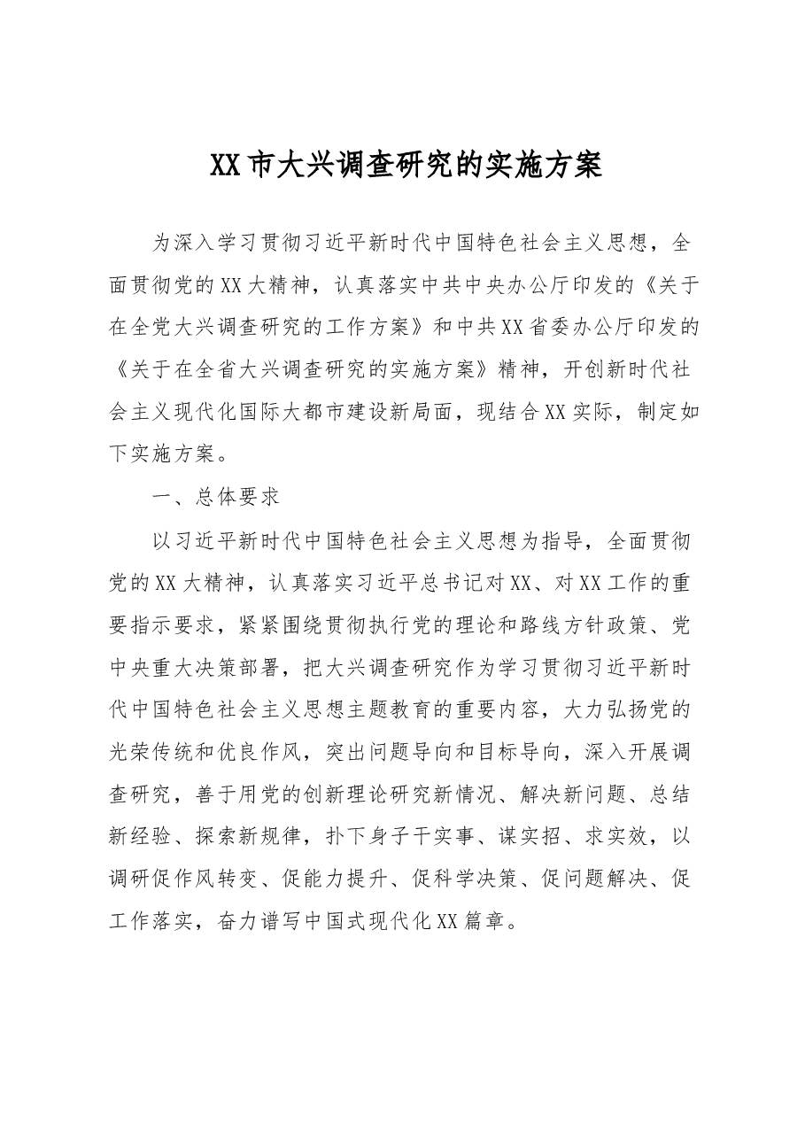 XX市大兴调查研究的实施方案.docx,第1页预览