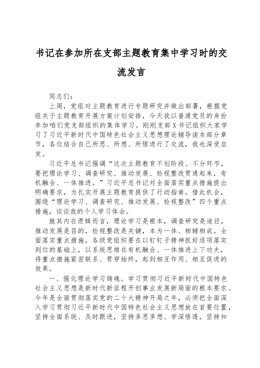 书记在参加所在支部主题教育集中学习时的交流发言.docx,第1页预览