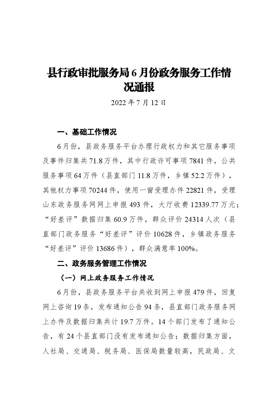 县行政审批服务局6月份政务服务工作情况通报.docx,第1页预览