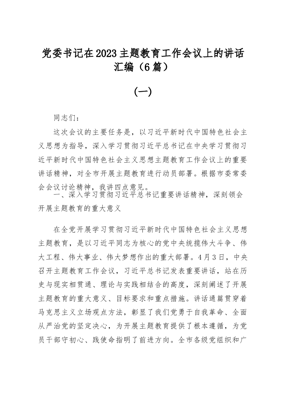 (6篇)党委书记在2023主题教育工作会议上的讲话汇编.docx,第1页预览