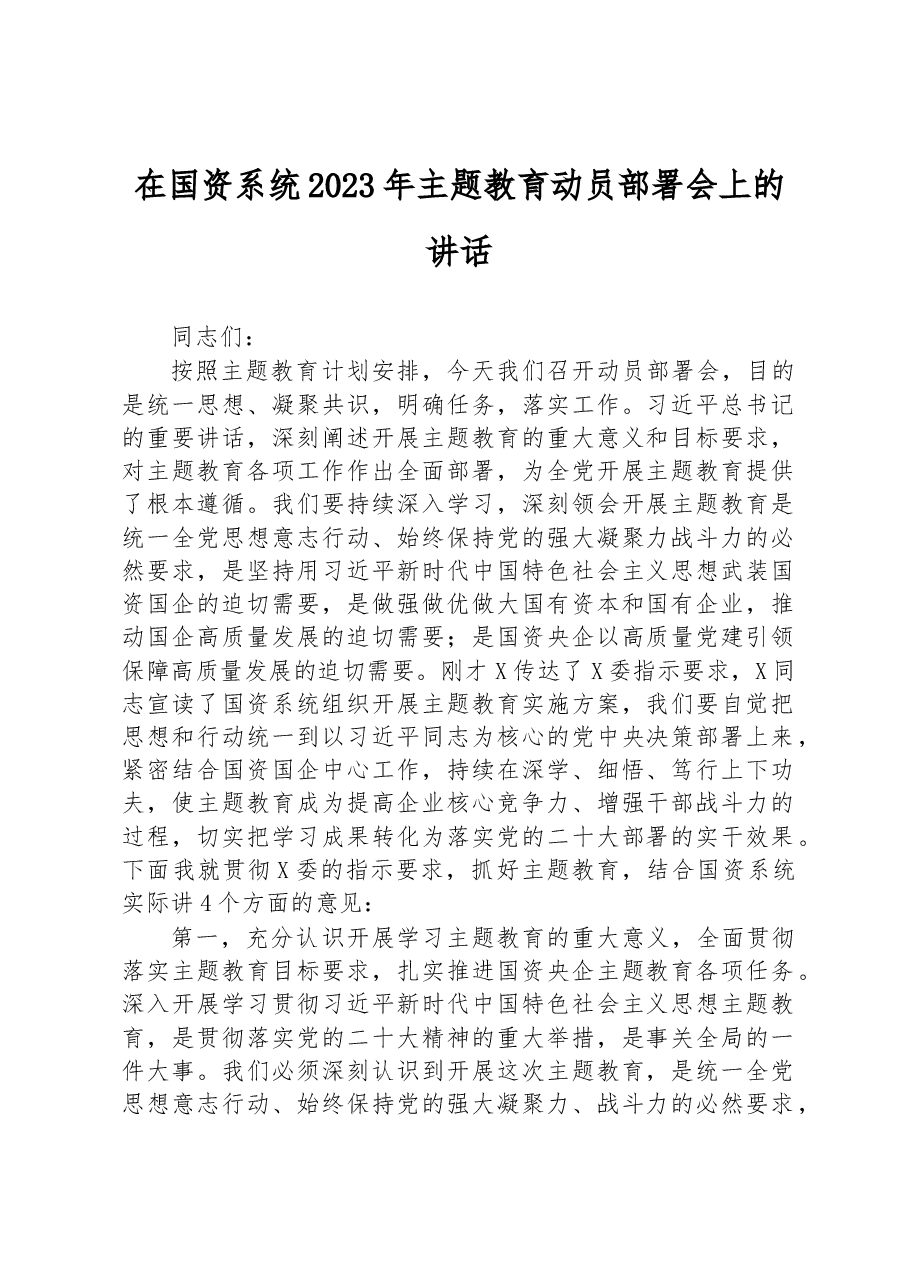 在国资系统2023年主题教育动员部署会上的讲话.docx，第1页预览