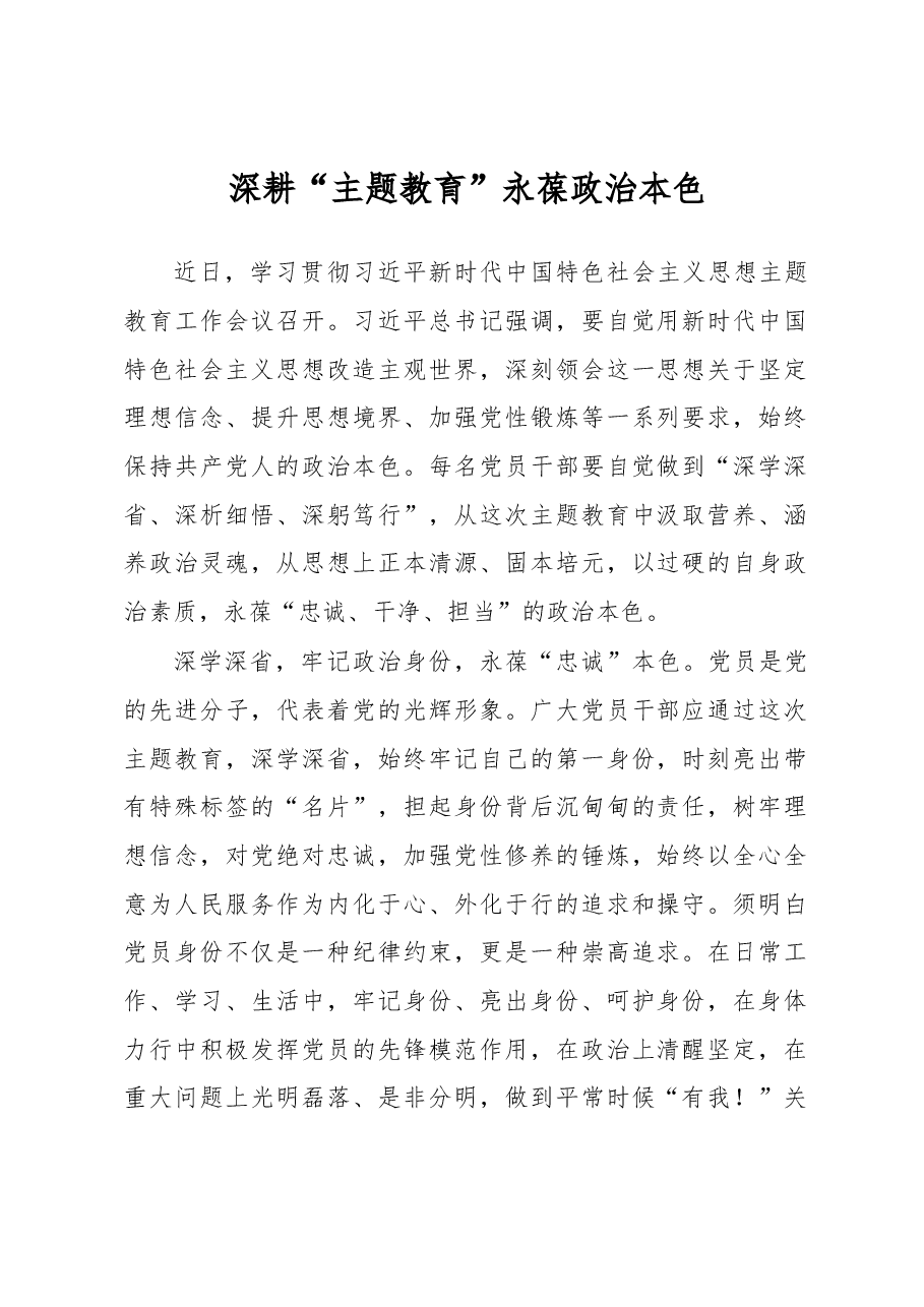 深耕“主题教育”+永葆政治本色(主题教育心得体会).docx,第1页预览