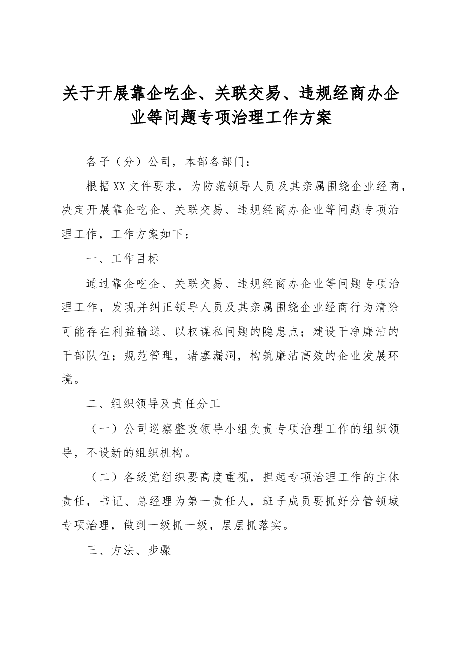 关于开展靠企吃企、关联交易、违规经商办企业等问题专项治理工作方案.docx,第1页预览