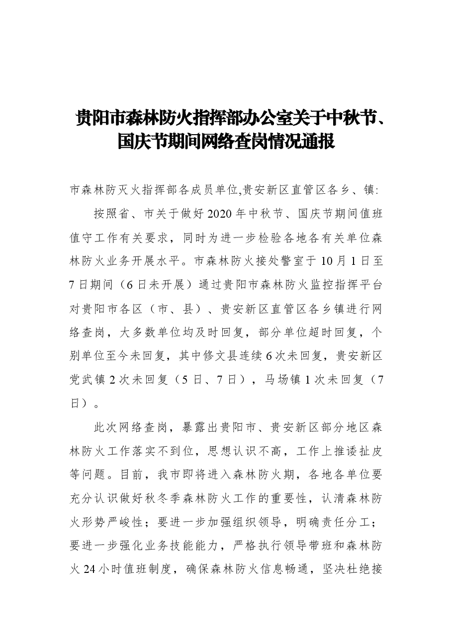 贵阳市森林防火指挥部办公室关于中秋节、国庆节期间网络查岗情况通报.docx，第1页预览